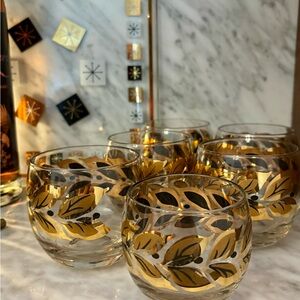 Gold Black Laurel Leaf Roly Poly Glasses by Federal Glass